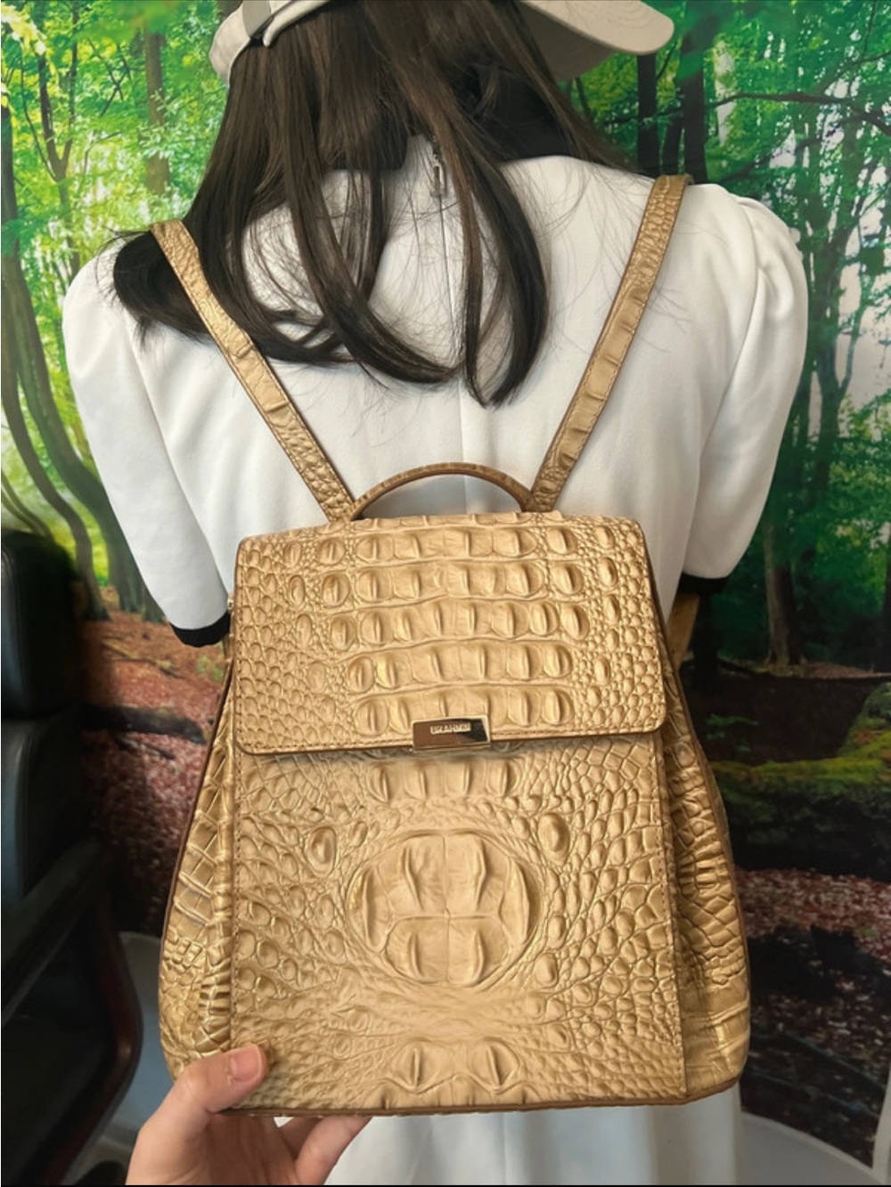 Brahmin Metallic Gold Croc-Embossed Backpack